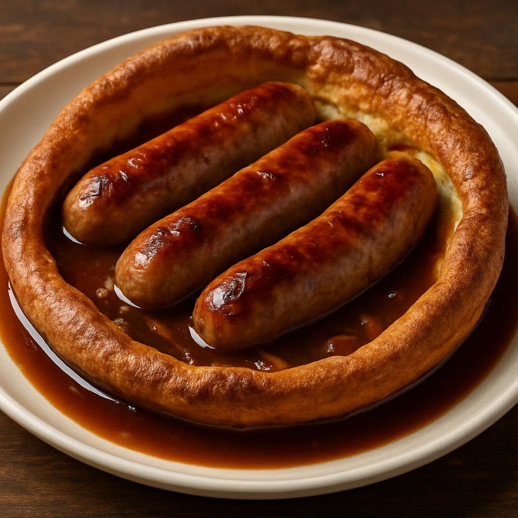 Entree: United Kingdom – England - London & Southeast – Toad in the Hole (Sausages baked in a light Yorkshire-pudding-style batter served with a savory gravy) recipe