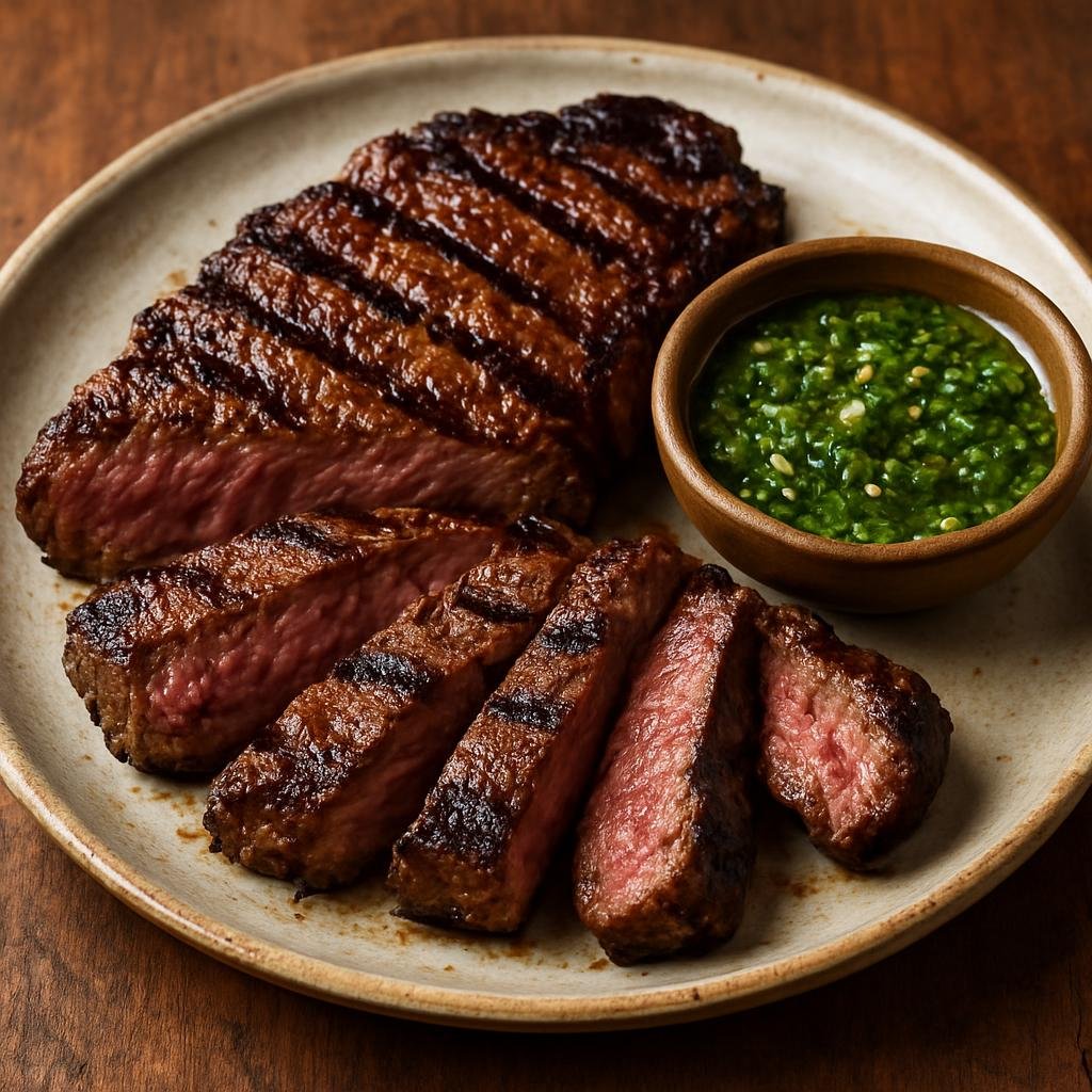 Entree: Argentina – Central Culinary Region – Churrasco (Wood- or charcoal-grilled seasoned beef steak traditionally served with chimichurri sauce) recipe