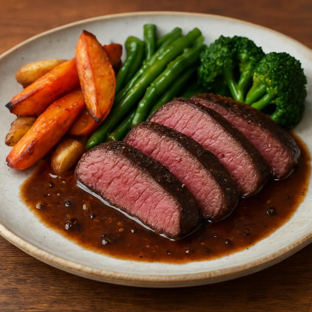 Entree: Australia – Northern Territory – Emu Fillet (Lean emu steak-style fillets quickly seared and served with a native-spiced pan sauce and seasonal vegetables) recipe
