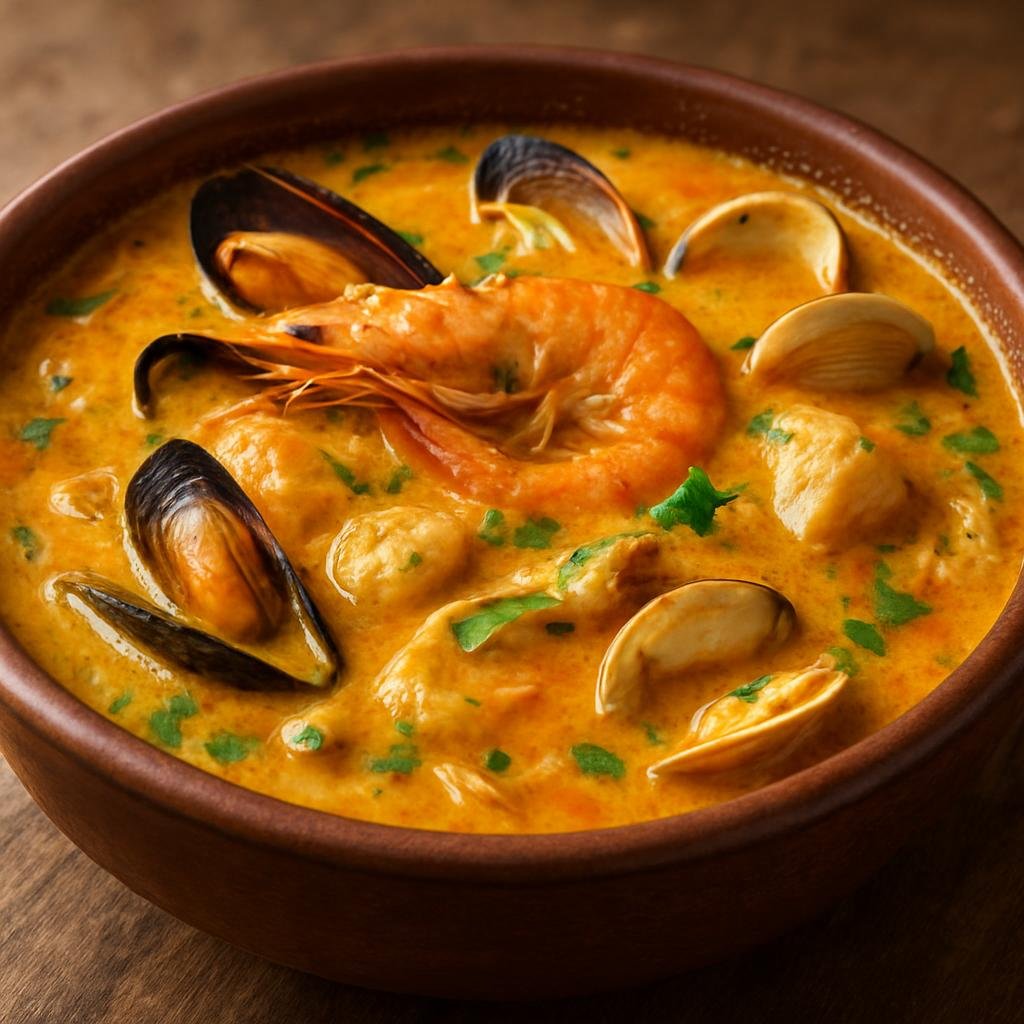 Entree: Colombia – Caribbean Coast – Cazuela de Mariscos (Hearty Colombian Caribbean seafood stew of mixed shellfish and fish simmered in coconut milk and fragrant spices) recipe