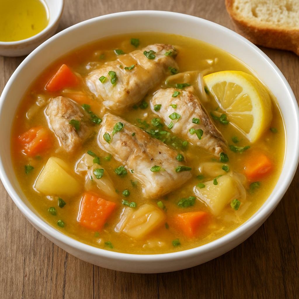 Entree: Greece – Cyclades – Κακαβιά ➤ Kakaviá (Traditional Cycladic fishermen’s fish soup made with mixed firm fish, vegetables, olive oil, and lemon) recipe