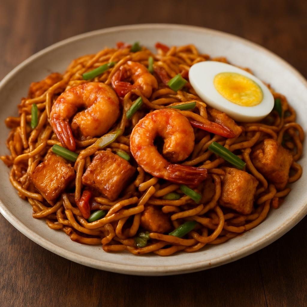 Entree: Malaysia – Malaysian Indian – Mee Goreng Mamak (Malaysian Indian-style spicy-sweet stir-fried yellow noodles with tofu, shrimp, egg and vegetables) recipe