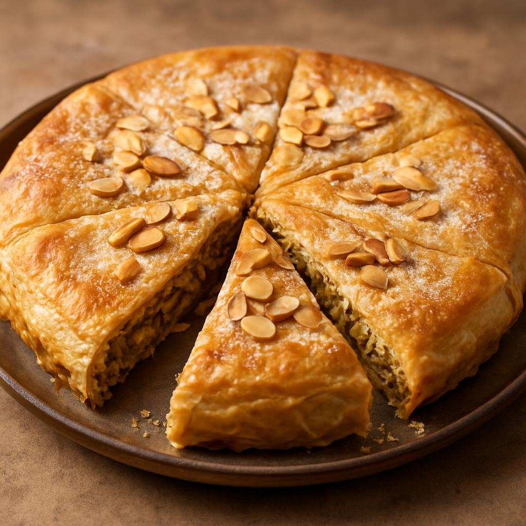 Entree: Morocco – Fez – Bastilla (Pigeon or Chicken Pie) (Savory-sweet layered Moroccan pie of spiced shredded pigeon or chicken with eggs and toasted almonds wrapped in thin pastry) recipe