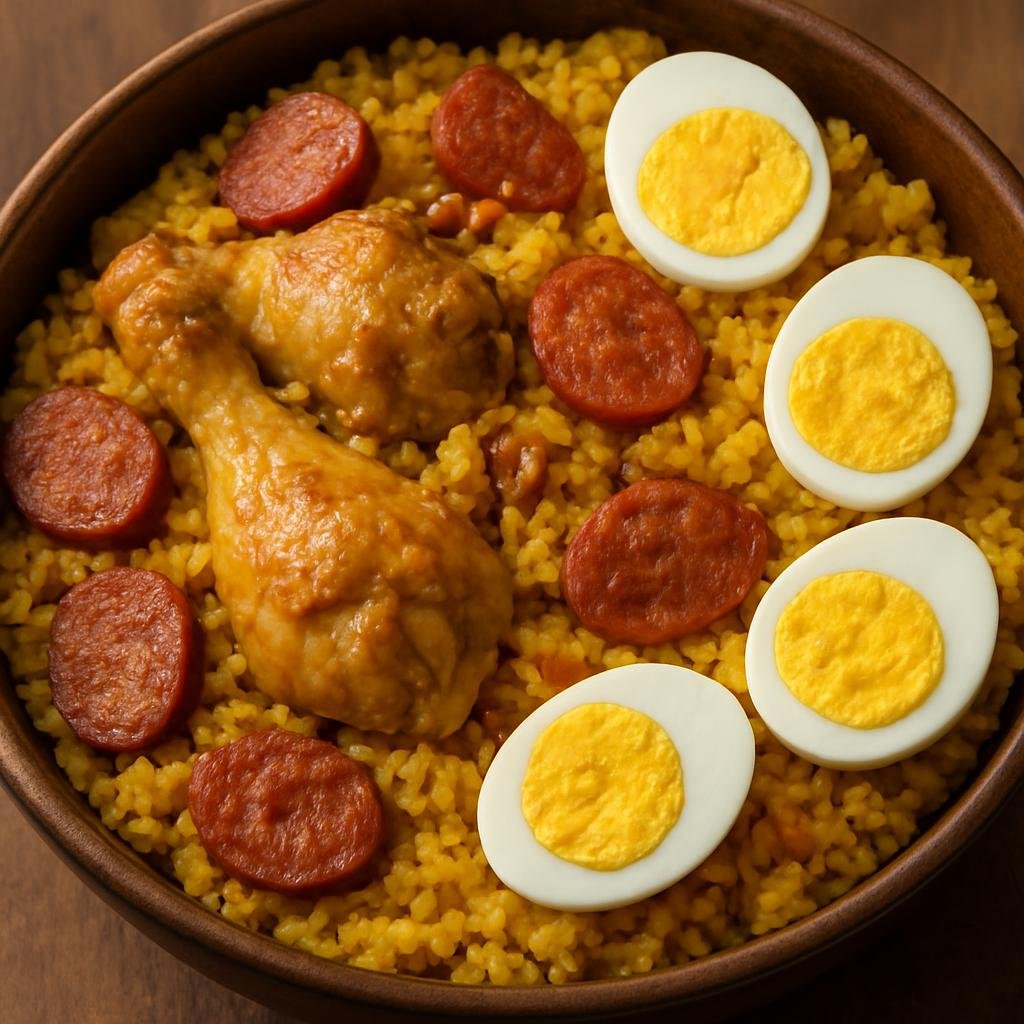 Entree: Philippines – Kapampangan – Bringhe (Kapampangan-style yellow glutinous rice cooked in coconut milk with turmeric, chicken, sausage, and hard-boiled eggs) recipe