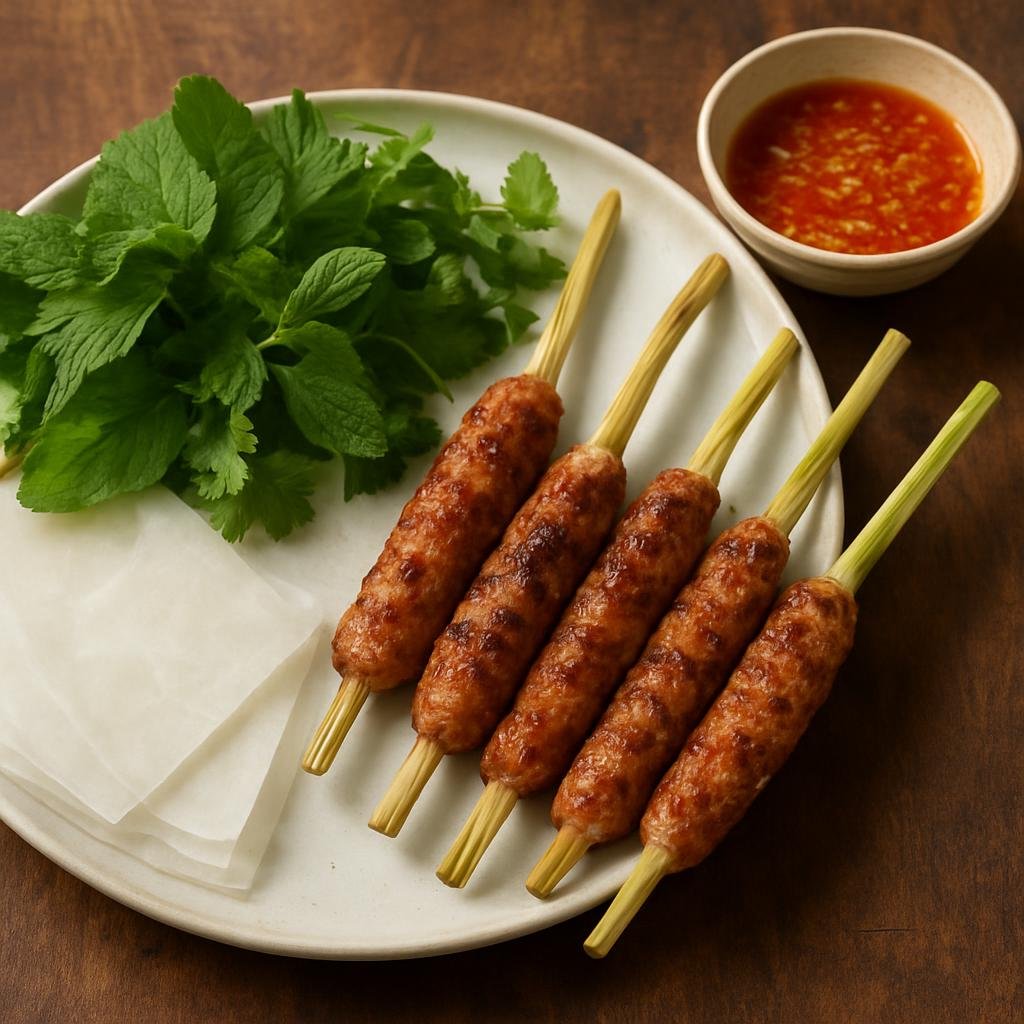 Entree: Vietnam – Hue – Nem Lụi (Grilled lemongrass-marinated pork skewers served with rice paper, fresh herbs, and pungent dipping sauce) recipe