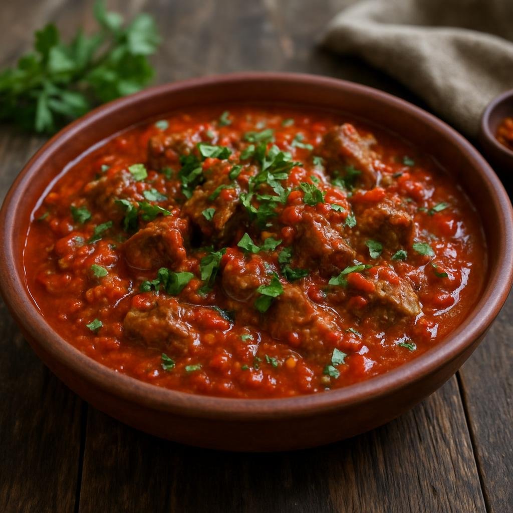 Entree: Georgia – Samegrelo – ჩაშუშული ➤ Chashushuli (Spicy Georgian tomato and beef stew flavored with adjika and fresh herbs) recipe