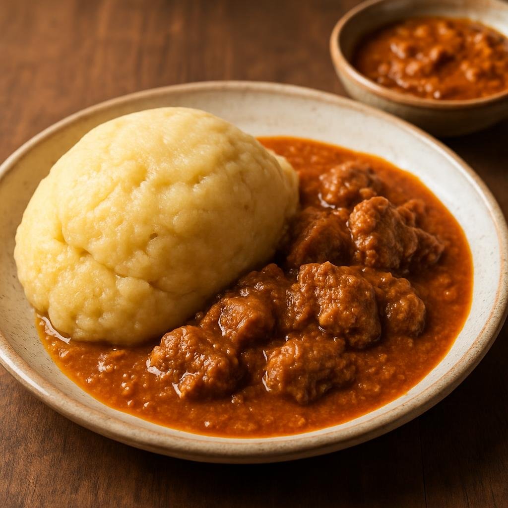 Entree: Cote d'Ivoire – Southern Culinary Region – Foutou Banane (Starchy mashed plantain and cassava dumpling served with a savory peanut stew) recipe
