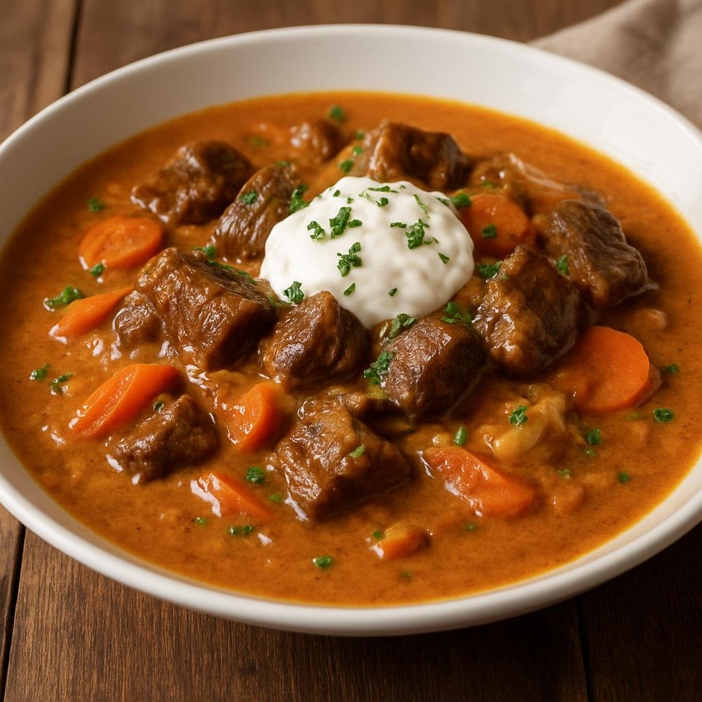 Entree: Hungary – Transdanubia – Vadas Marha (Braised beef in a sweet-and-sour root vegetable and sour cream gravy) recipe