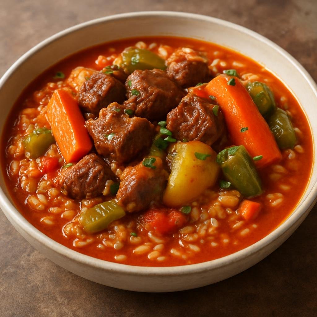 Entree: Senegal – Senegalese Wolof Cuisine – Cebbu Yapp (Wolof beef and rice cooked in a spiced tomato broth with assorted vegetables) recipe