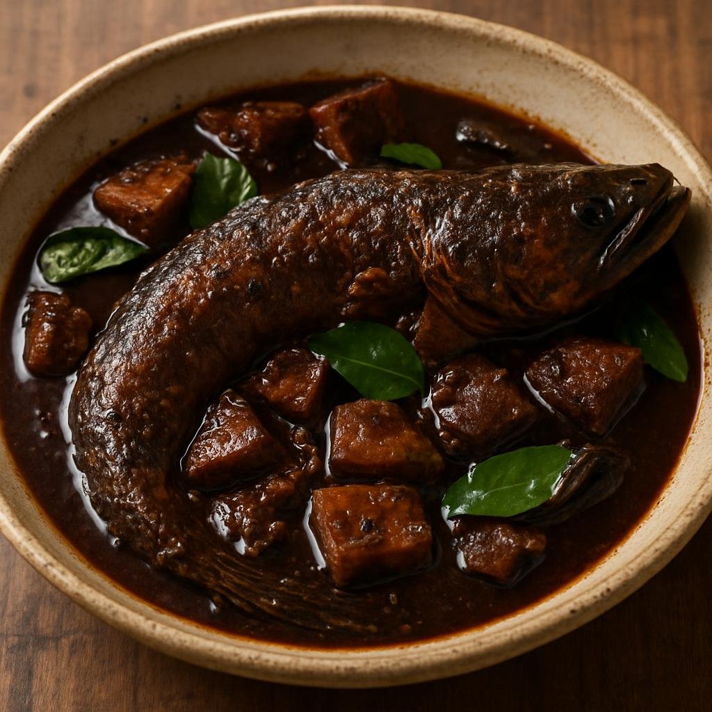 Entree: Indonesia – Betawi Jakarta – Gabus Pucung (Betawi-style snakehead fish simmered in a dark, savory-sweet spiced sauce of sweet soy and tamarind) recipe