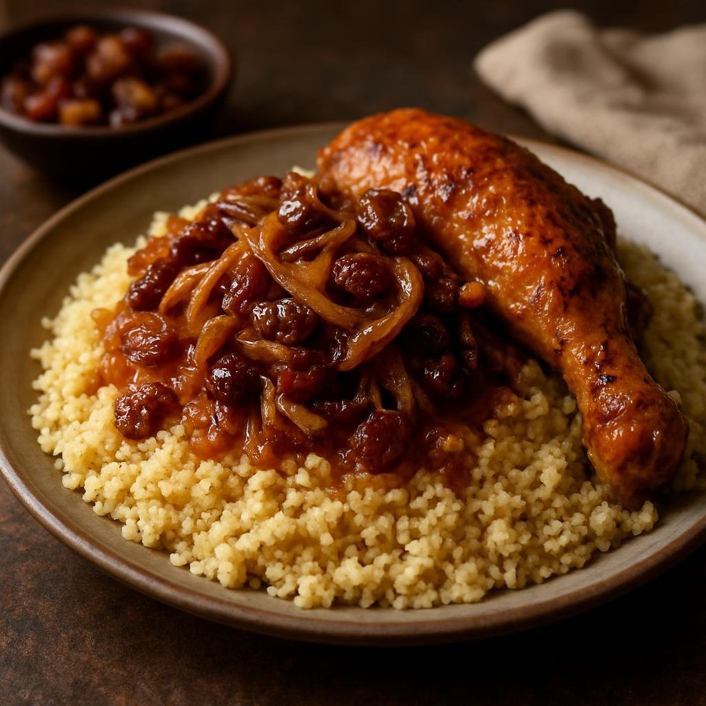 Entree: Morocco – Fez – Couscous Tfaya (Couscous with Caramelized Onions and Raisins) (Steamed semolina couscous topped with sweet caramelized onion and raisin sauce served with spiced braised chicken) recipe