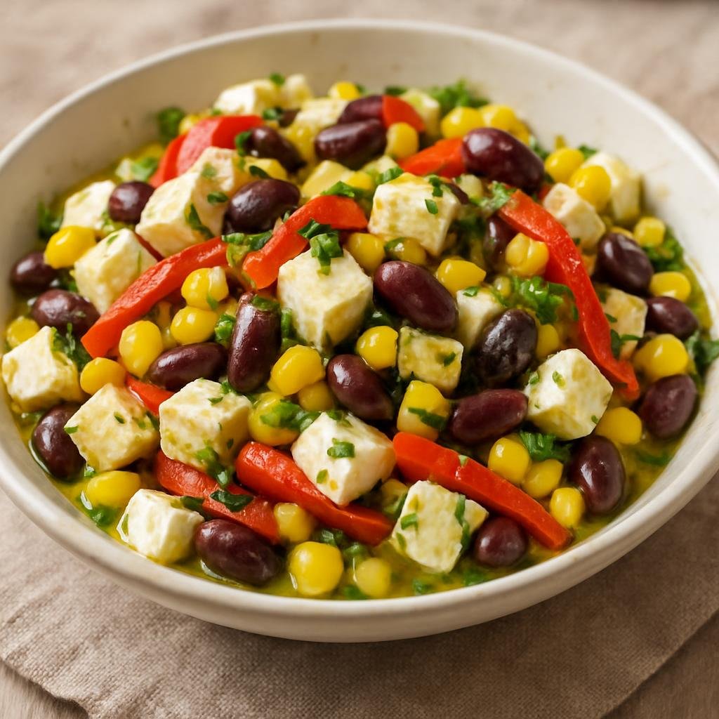 Entree: Peru – Arequipa – Solterito de Queso (A chilled Arequipeño salad of fresh cheese with corn, beans, olives, peppers, and a bright lime dressing) recipe