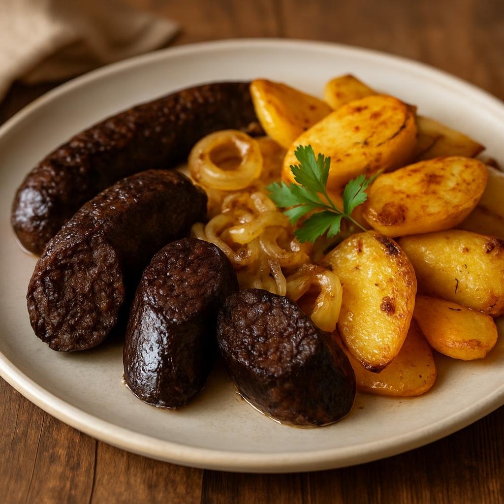 Entree: Poland – Mazovia / Warsaw – Kaszanka (Polish blood sausage pan-fried and served with onions and potatoes) recipe