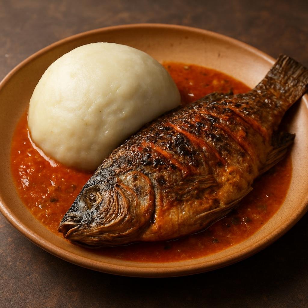 Entree: Ghana – Ghanaian Street Food – Banku and Tilapia (Fermented corn-and-cassava dough cooked into a smooth staple served with well-seasoned grilled whole tilapia) recipe