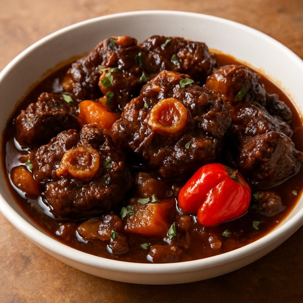 Entree: Antigua and Barbuda – Southern Culinary Region – Stewed Oxtail (Slow-braised oxtail in a rich Caribbean gravy with aromatics and Scotch bonnet heat) recipe