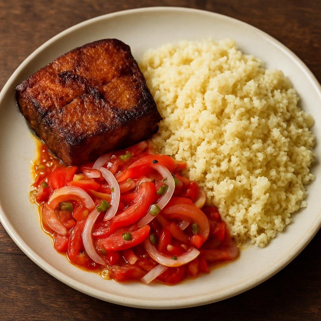 Entree: Cote d'Ivoire – Southern Culinary Region – Garba (Ivorian fried tuna served with cassava couscous and spicy tomato-onion salad) recipe