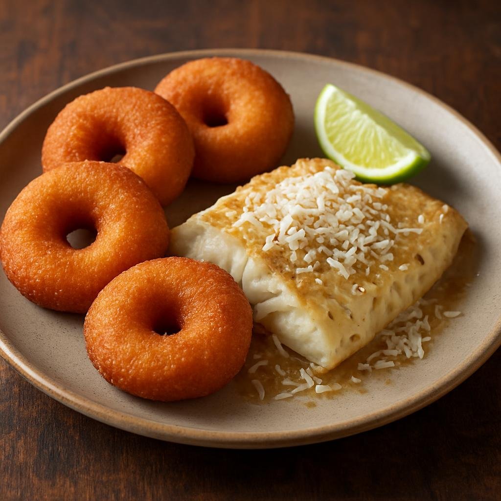 Entree: French Polynesia – Southern Culinary Region – Firi Firi with Fish (fried doughnuts with coconut-lime fish) recipe