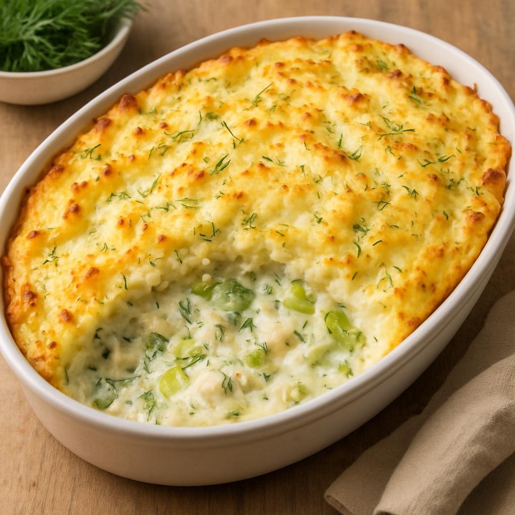 Entree: Sweden – West Coast Sweden – Fiskgratäng (A baked Swedish creamy fish casserole with leeks, dill, and a mashed potato topping common on the west coast) recipe
