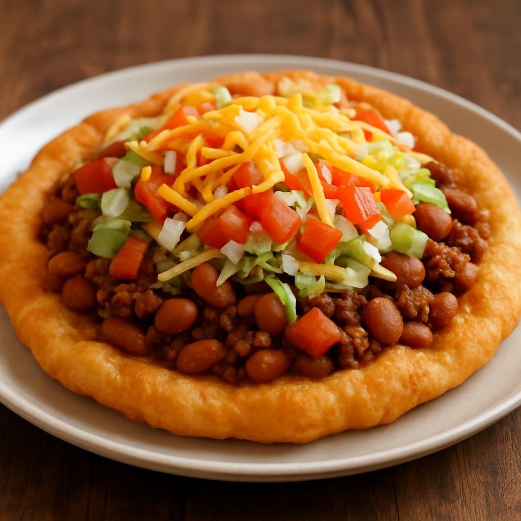 Entree: United States – Arizona-Sonoran – Navajo Tacos (Frybread topped with seasoned meat, beans and fresh Southwestern toppings) recipe