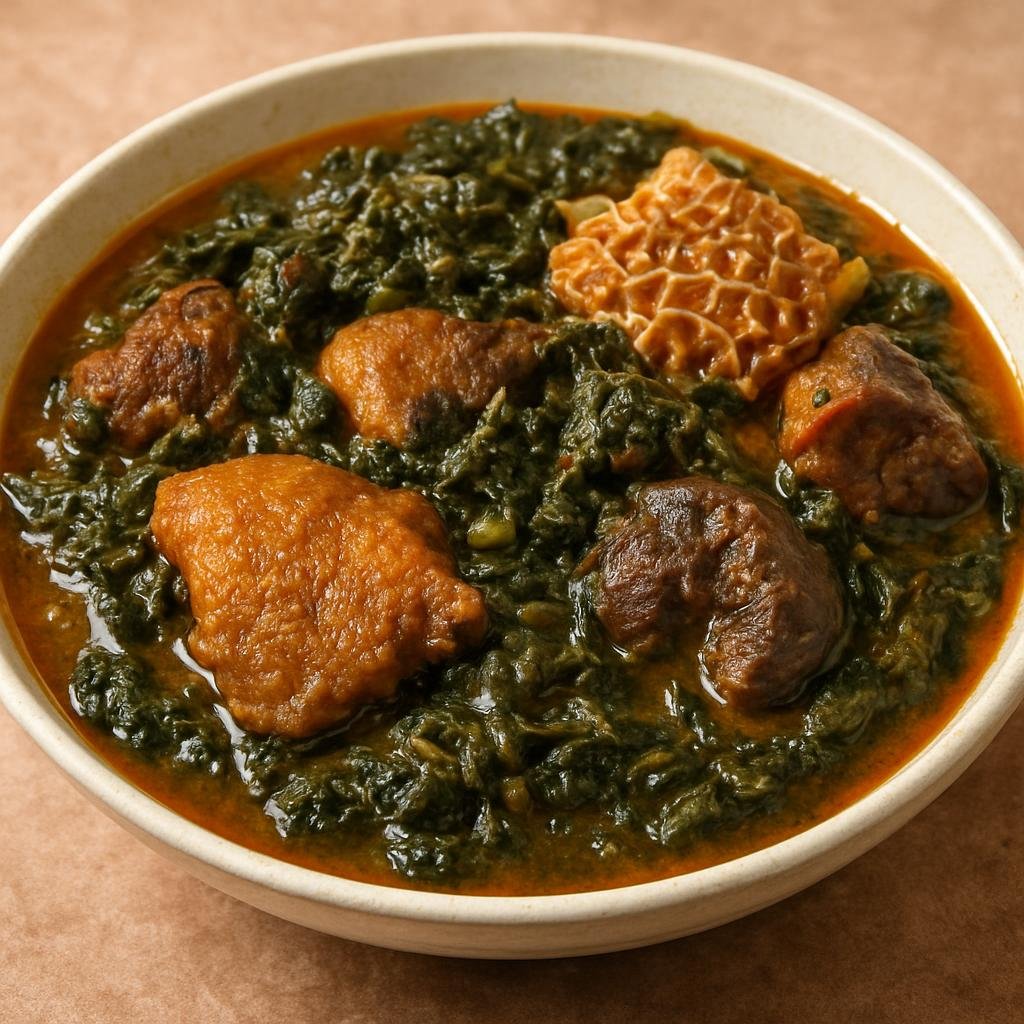 Entree: Nigeria – Igbo Southeast – Bitterleaf Soup (Hearty Igbo soup of bitterleaf greens and assorted meats in a spiced palm-oil broth) recipe