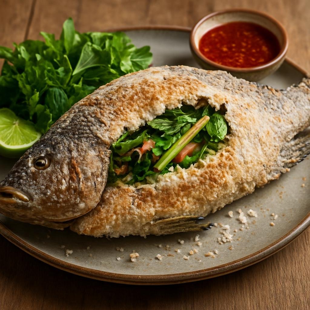 Entree: Thailand – Northeastern Isan – ปลาเผา ➤ pla phao (Whole salt-crusted grilled fish stuffed with aromatic herbs) recipe