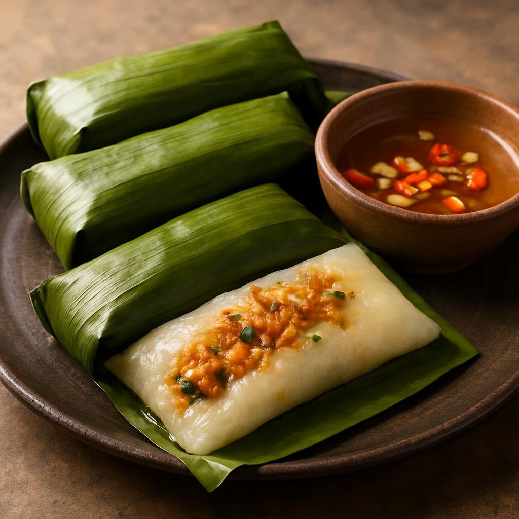 Entree: Vietnam – Hue – Bánh Nậm (Flat steamed rice-and-tapioca cake filled with savory spiced shrimp and pork, wrapped in banana leaf) recipe