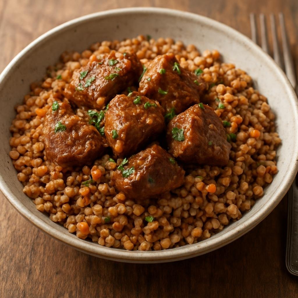 Entree: Ukraine – Kyiv & Central Ukraine – Каша з м'ясом ➤ Kasha z m'yasom (Hearty buckwheat groats cooked with braised meat and aromatics) recipe