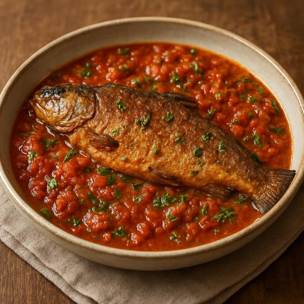 Entree: Armenia – Lake Sevan – Ղարսի Խորիզ ➤ Gharsi Khoriz (Pan-seared Lake Sevan trout simmered in a tangy tomato-onion and herb sauce) recipe