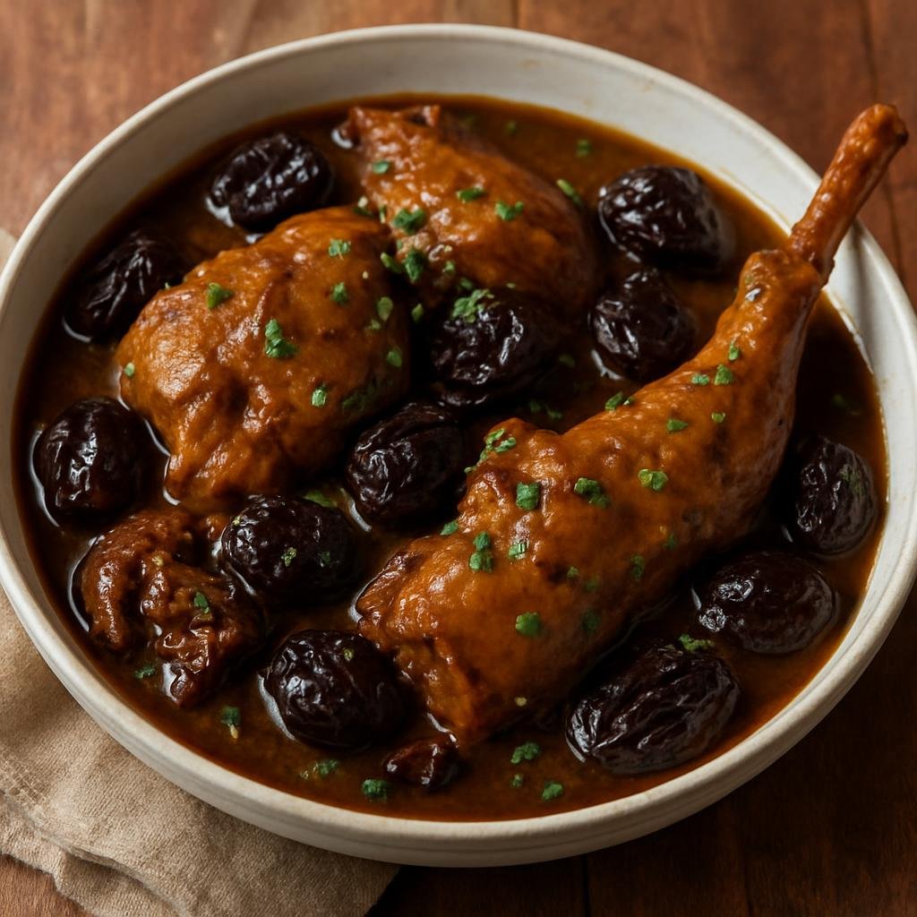 Entree: Belgium – Flanders – Konijn met Pruimen (Slow-braised rabbit cooked with prunes and beer in a savory-sweet Flemish sauce) recipe