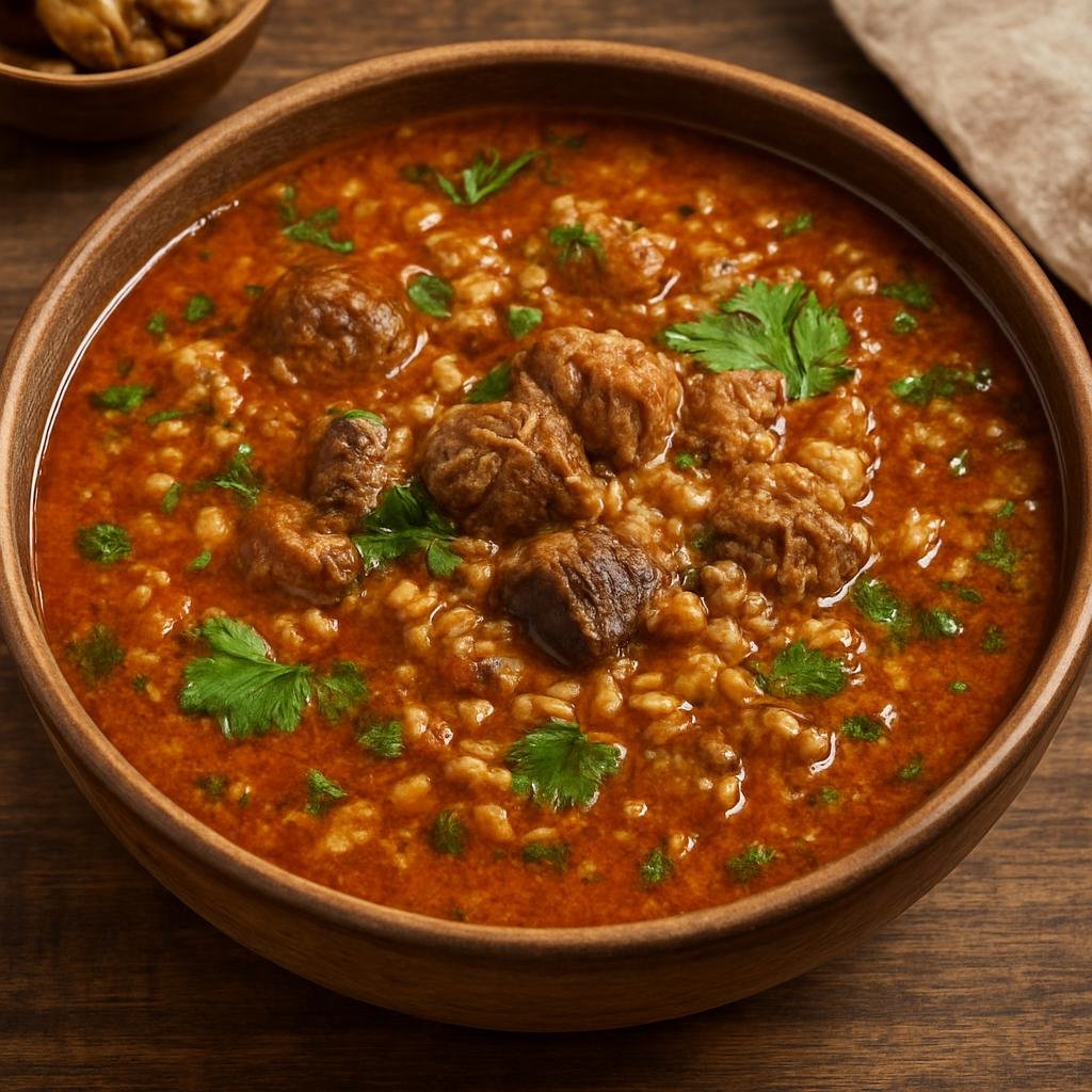 Entree: Georgia – Samegrelo – ხარჩო ➤ Kharcho (Hearty Georgian beef and rice soup enriched with walnut paste and sour plum seasoning) recipe