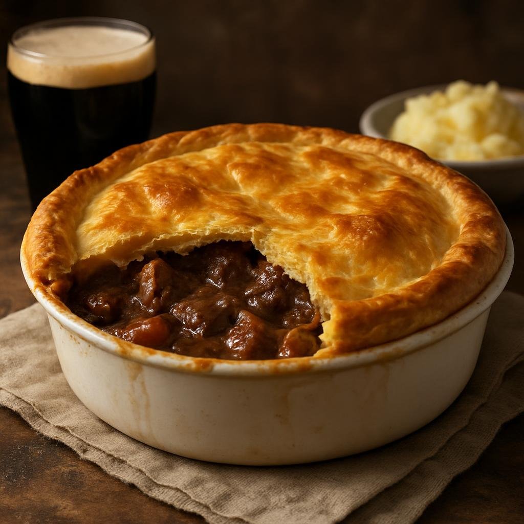 Entree: Ireland – Ulster / Northern Border – Guinness Beef Pie (Hearty Irish beef stew made with Guinness stout and baked under a flaky pastry crust) recipe
