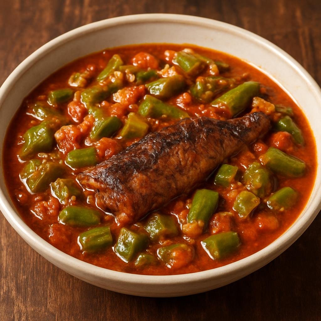 Entree: Burkina Faso – Southern Culinary Region – Sauce Gombo (Okra-based stew cooked with tomatoes, onions, and smoked fish or meat) recipe
