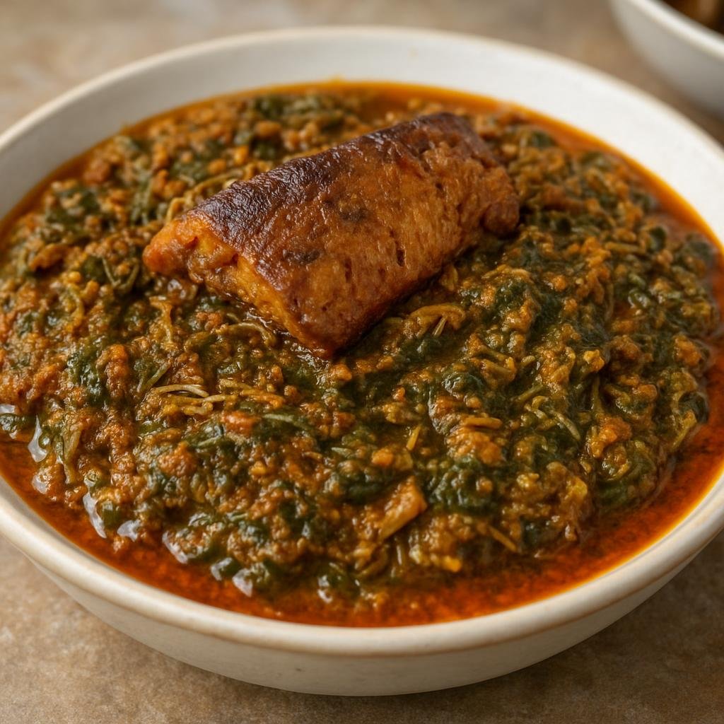 Entree: Cameroon – Southern Culinary Region – Okok (A thick palm-oil and leafy stew of grated cocoyam and smoked fish typical of southern Cameroon) recipe