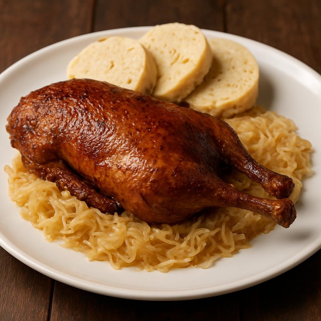 Entree: Czechia – Prague Pub Classics – Pečená Kachna (Traditional Czech roast duck with crisp skin, caraway and garlic, typically served with braised sauerkraut and bread dumplings) recipe