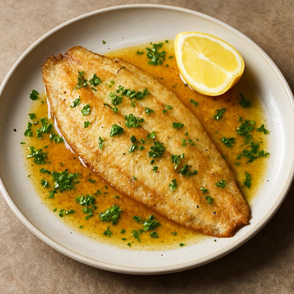 Entree: French Southern Territories – Southern Culinary Region – Sole Meunière (Lightly floured and pan-fried sole finished with browned butter, lemon, and parsley) recipe