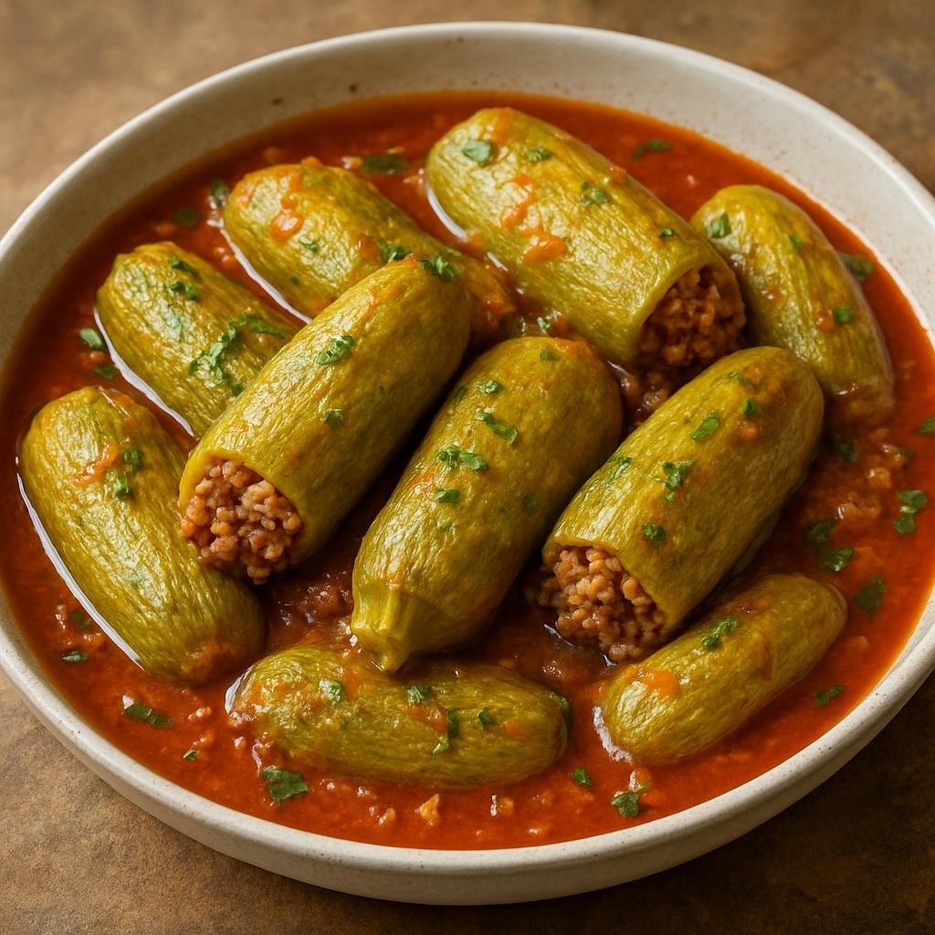 Entree: Lebanon – Northern Lebanon – كوسا محشي ➤ kousa mahshi (Small summer squash stuffed with spiced rice and minced lamb, simmered in tomato broth) recipe