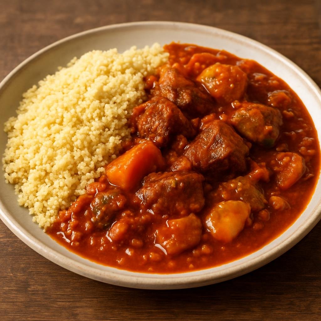 Entree: Senegal – Senegalese Wolof Cuisine – Couscous Senegalaise (Steamed semolina couscous served with a hearty West African tomato and peanut stew of meat and vegetables) recipe