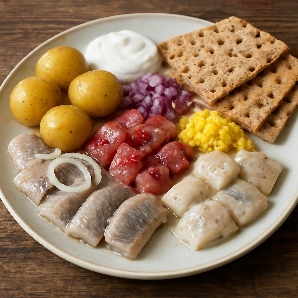 Entree: Sweden – West Coast Sweden – Silltallrik (Assorted pickled and marinated herring served with potatoes, crispbread, and traditional condiments) recipe