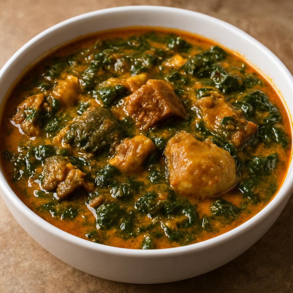 Entree: Nigeria – Igbo Southeast – Oha Soup (Traditional Igbo leafy soup made with oha leaves, palm oil, and mixed proteins, thickened with cocoyam) recipe