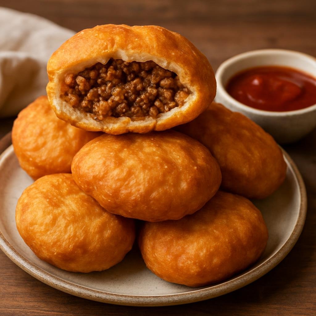 Entree: South Africa – Johannesburg & Gauteng – Vetkoek (Deep-fried bread dough pockets with a crisp exterior and soft interior, traditionally split and filled with savory curried minced meat or served with sweet toppings) recipe