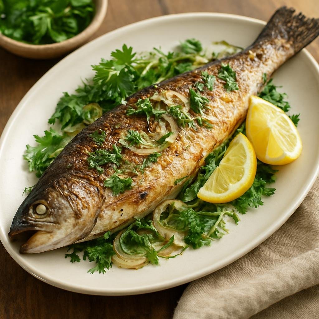 Entree: Armenia – Lake Sevan – Քչուչ ➤ Kchuch (Whole Lake Sevan trout roasted with fresh herbs, lemon, and onions) recipe