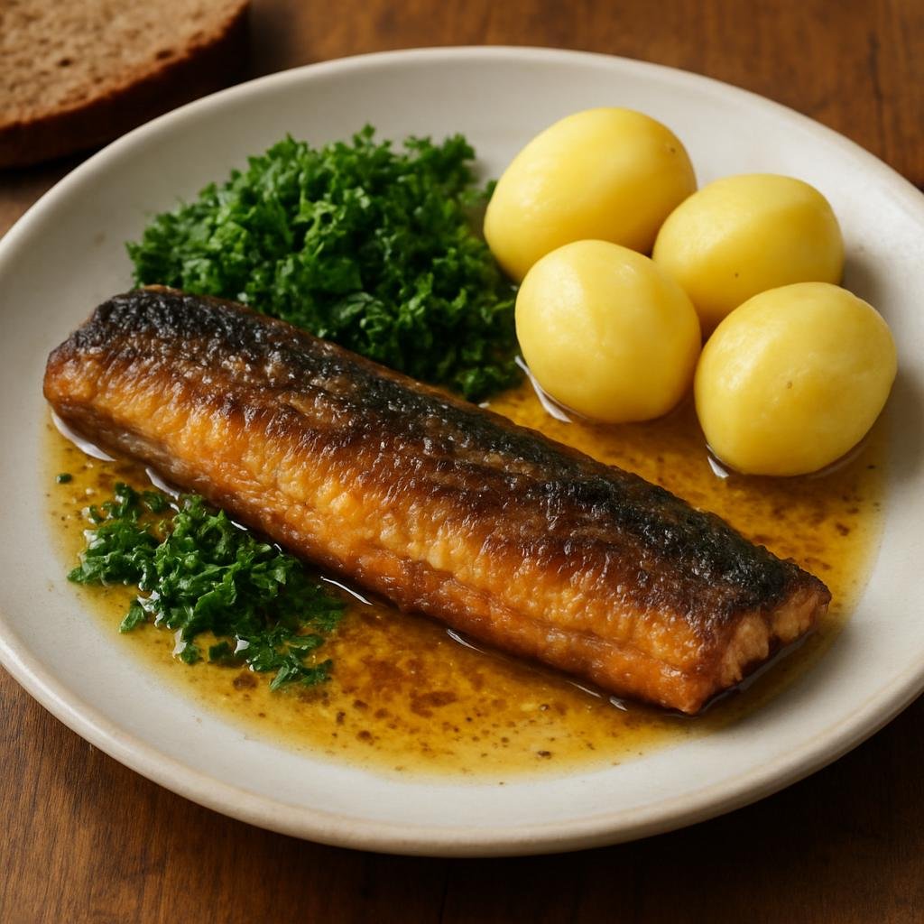 Entree: Denmark – Funen – Stegt Ål (Pan-fried eel in butter, traditionally served with parsley and rye or boiled potatoes) recipe