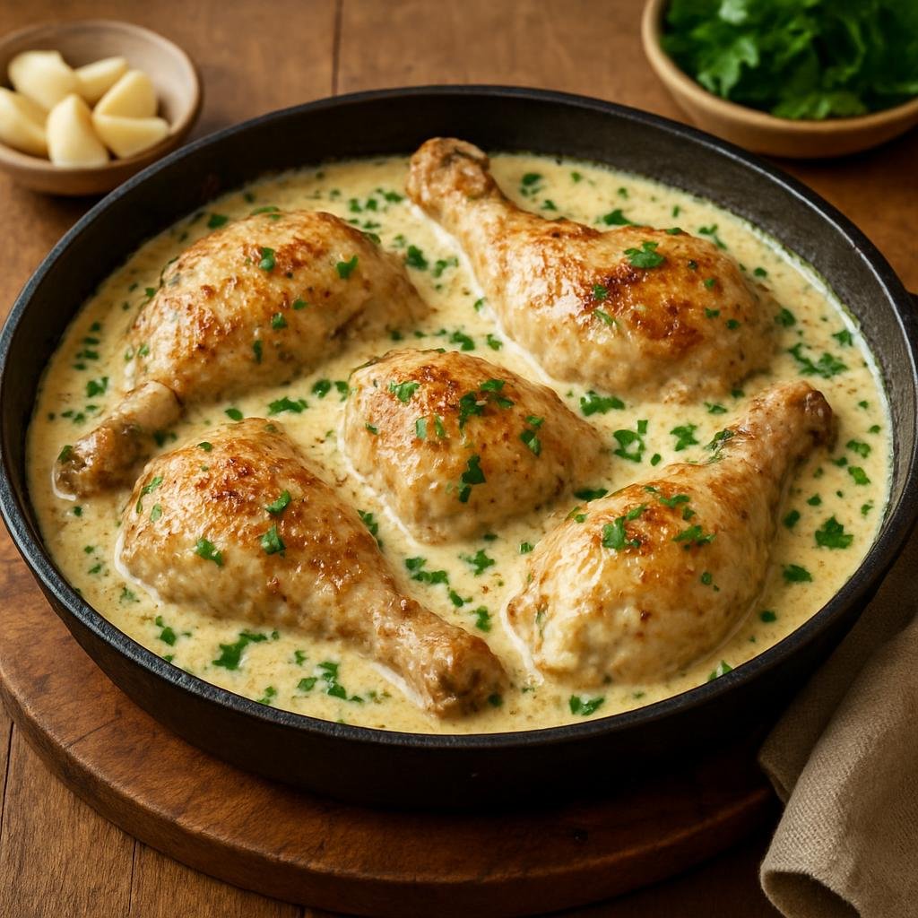 Entree: Georgia – Samegrelo – Chkmeruli (Skillet-roasted chicken simmered in a garlicky milk sauce) recipe