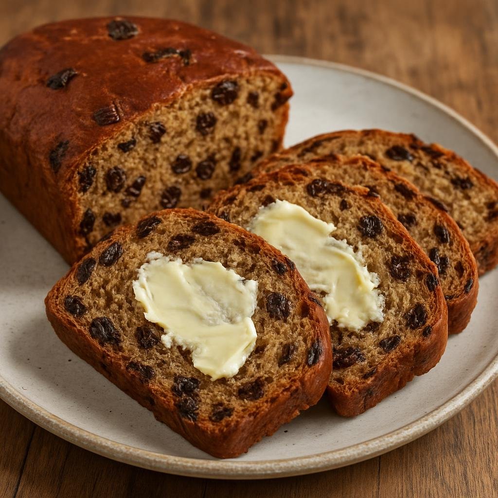 Entree: Ireland – Ulster / Northern Border – Barmbrack (Irish yeasted fruit loaf made with tea-soaked dried fruit, traditionally served sliced and buttered) recipe