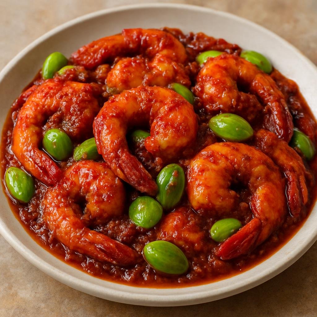 Entree: Singapore – Peranakan Singapore – Sambal Udang Petai (Stir-fried prawns in spicy sambal chili paste with petai (stink beans) recipe