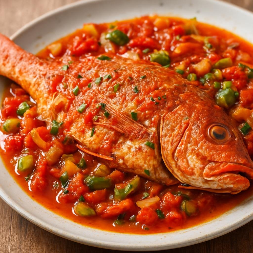Entree: Bonaire, Sint Eustatius and Saba – Southern Culinary Region – Red Snapper Creole (Whole red snapper cooked in a bright Caribbean Creole tomato sauce with peppers, onions, herbs, and a touch of heat) recipe