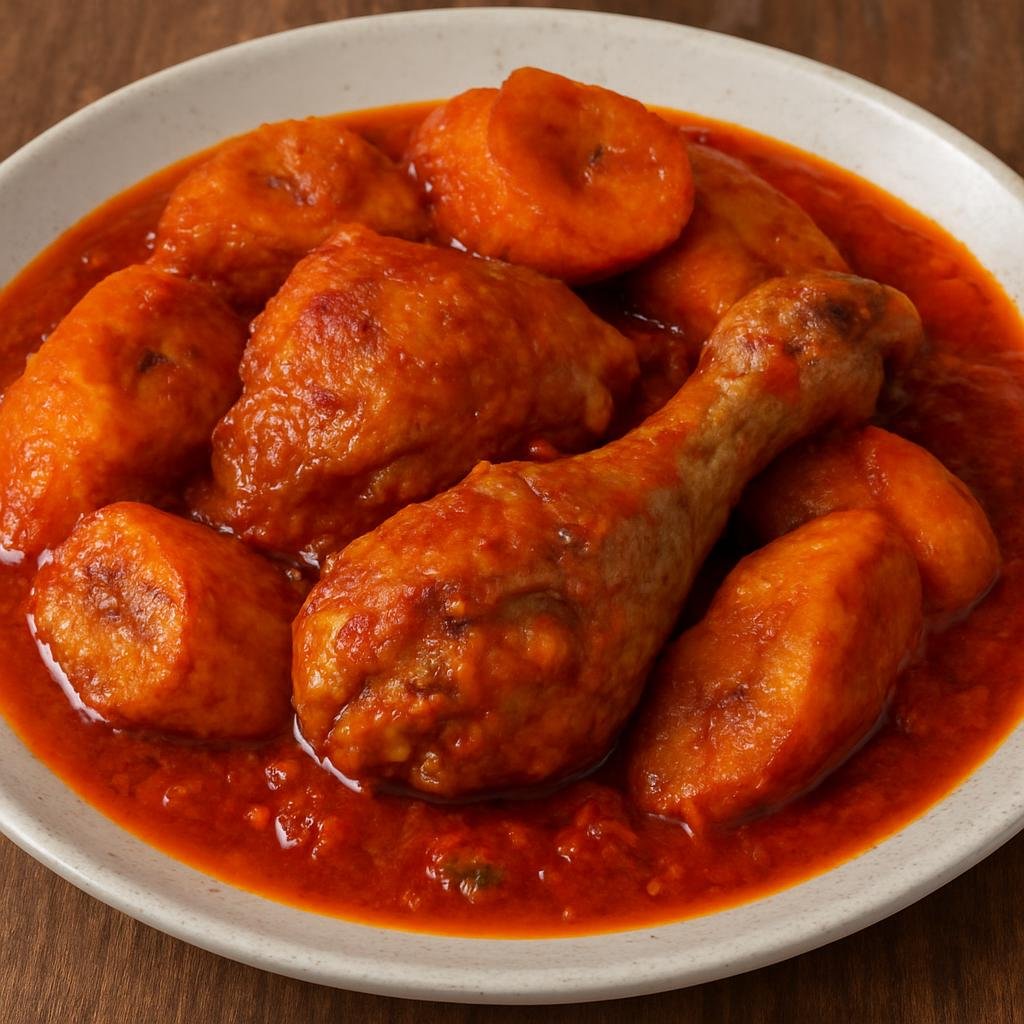Entree: Cameroon – Southern Culinary Region – Kondre (Braised chicken with ripe plantains in a tomato and palm oil sauce) recipe