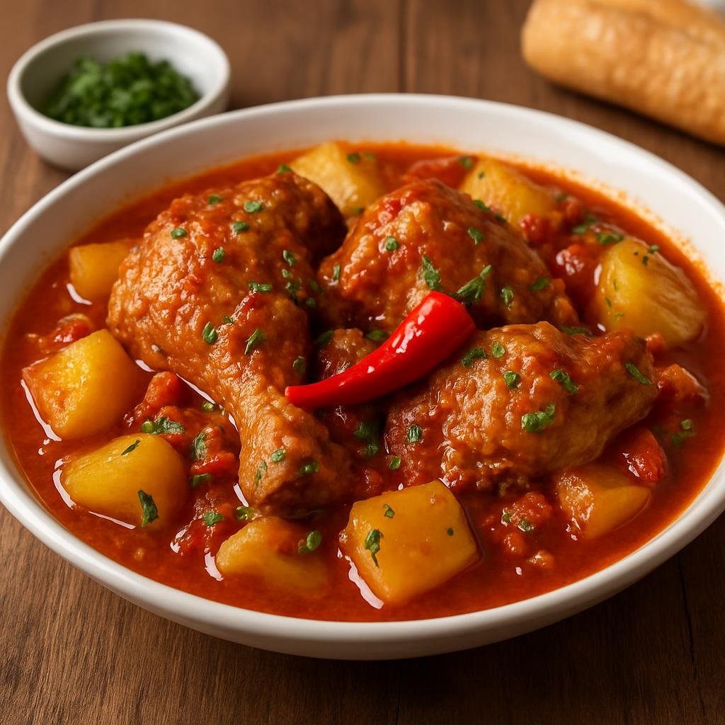 Entree: Cape Verde – Southern Culinary Region – Galinha à Cabo Verde (Cape Verdean stewed chicken in a garlicky wine-tomato sauce with potatoes and piri-piri) recipe