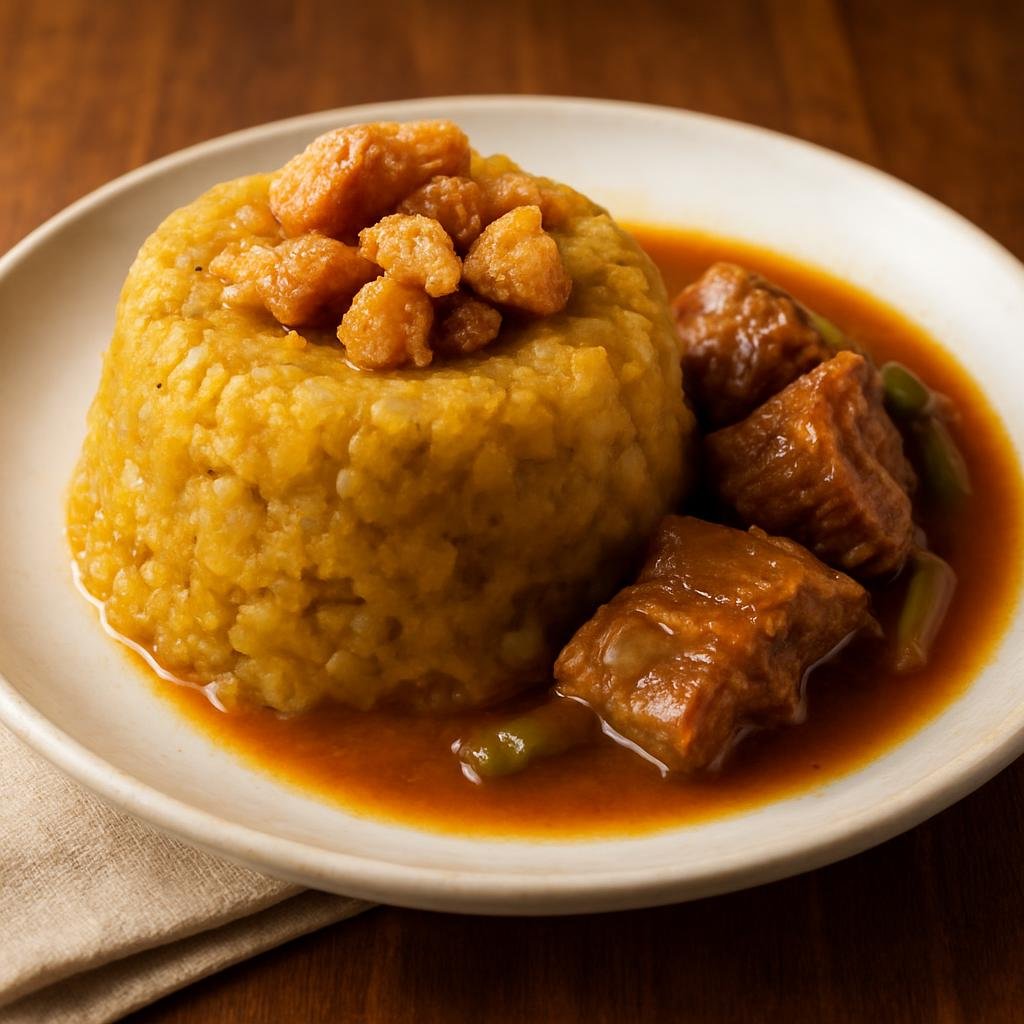 Entree: Dominican Republic – Southern Culinary Region – Mofongo (Mashed fried green plantains blended with garlic and pork cracklings, formed into a compact mound and served with broth or meat) recipe