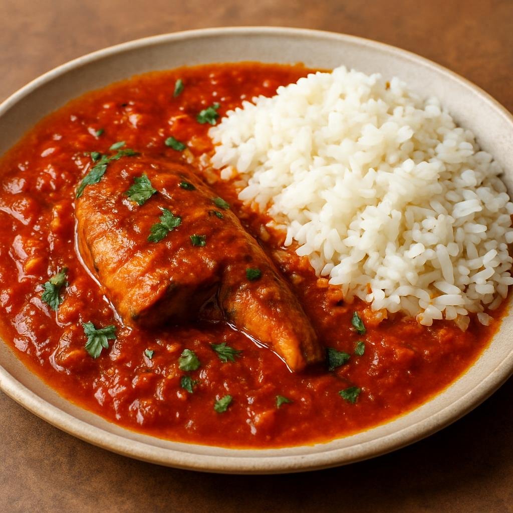 Entree: Senegal – Senegalese Wolof Cuisine – Thiou Curry (Senegalese Wolof-style tomato and spice fish curry served with rice) recipe